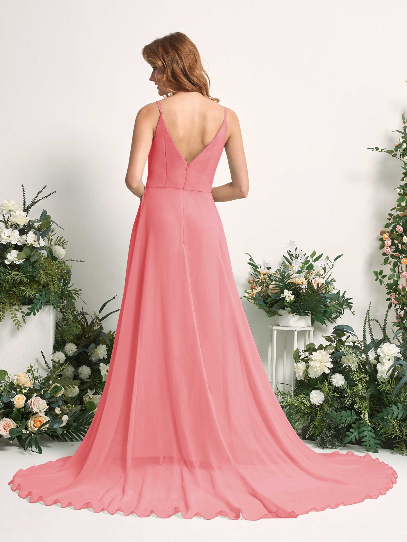 Bridesmaid Dress A-line Chiffon Spaghetti-straps Full Length Sleeveless Wedding Party Dress - Coral Pink (81227730)#color_coral-pink