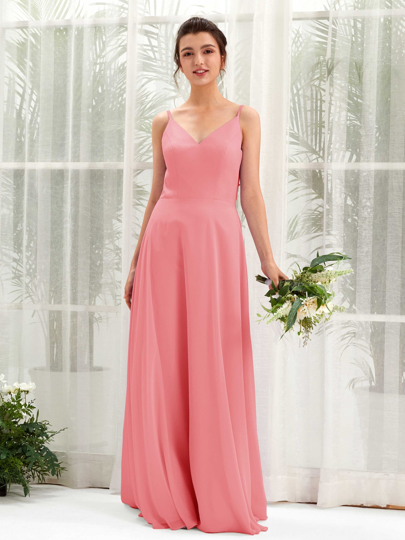 A-line Spaghetti-straps V-neck Sleeveless Chiffon Bridesmaid Dress - Coral Pink (81220630)#color_coral-pink