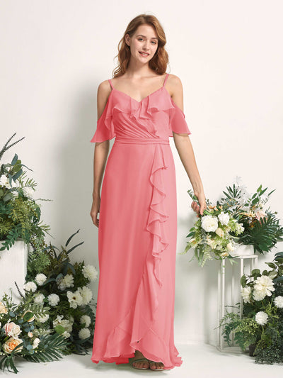 Carlyna Yvette A-Line Coral Pink Bridesmaid Dress Maxi Sleeveless V-Neck Dress #color_coral-pink