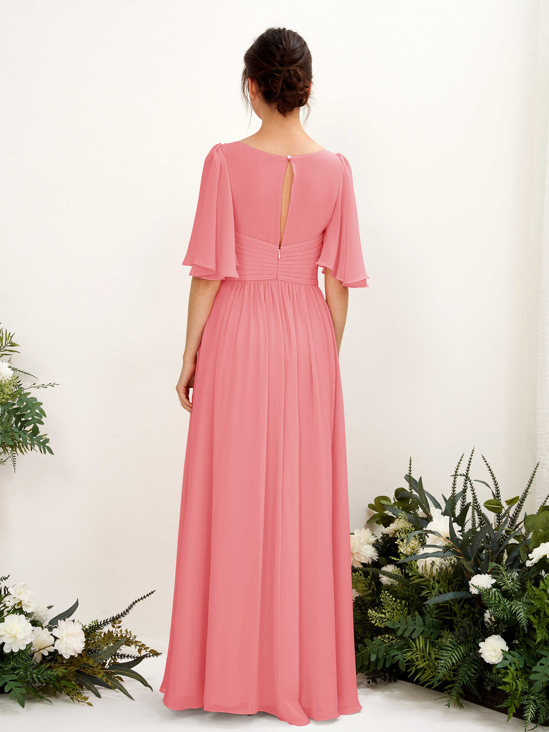 coral colour bridesmaid dresses uk BABARONI Chiffon Lace Coral Bridesmaid Dresses A-line V-neck Sleeveless  Floor-length With Slit – BABARONI UK main image 0