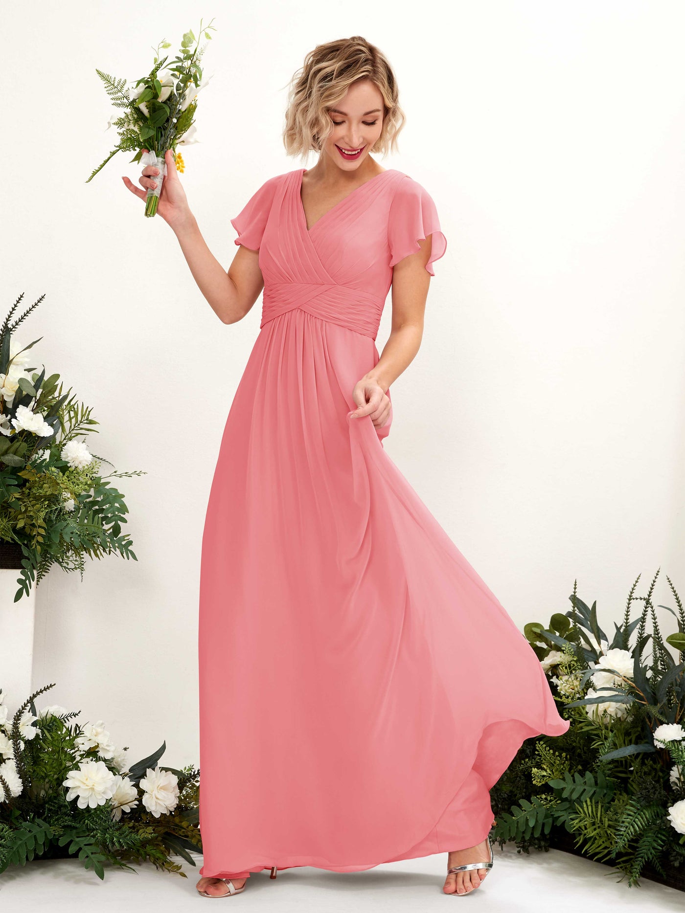 A-line V-neck Cap Sleeves Chiffon Bridesmaid Dress - Coral Pink (81224330)#color_coral-pink