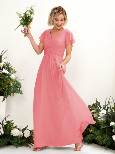 Carlyna Tolly A-Line Coral Pink Bridesmaid Dress Maxi Cap Sleeve V-Neck Dress #color_coral-pink