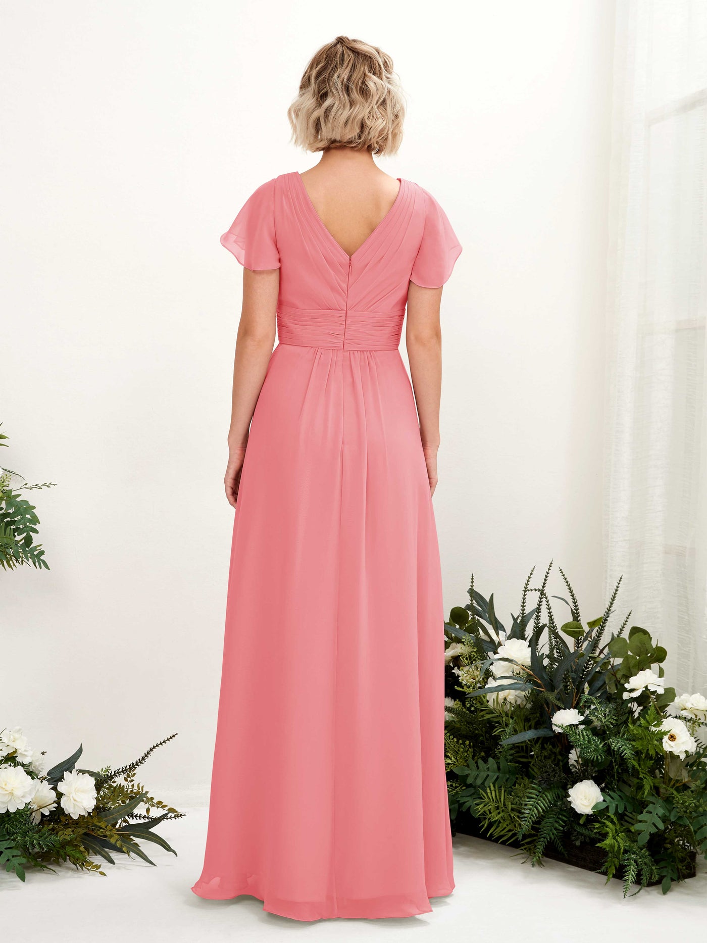 A-line V-neck Cap Sleeves Chiffon Bridesmaid Dress - Coral Pink (81224330)#color_coral-pink