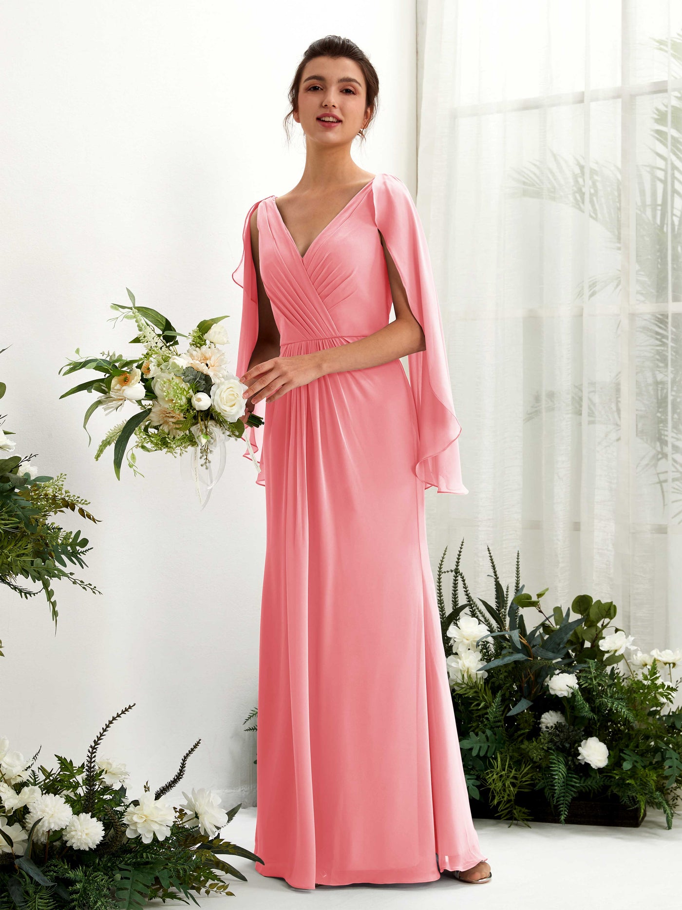 A-line V-neck Chiffon Bridesmaid Dress - Coral Pink (80220130)#color_coral-pink