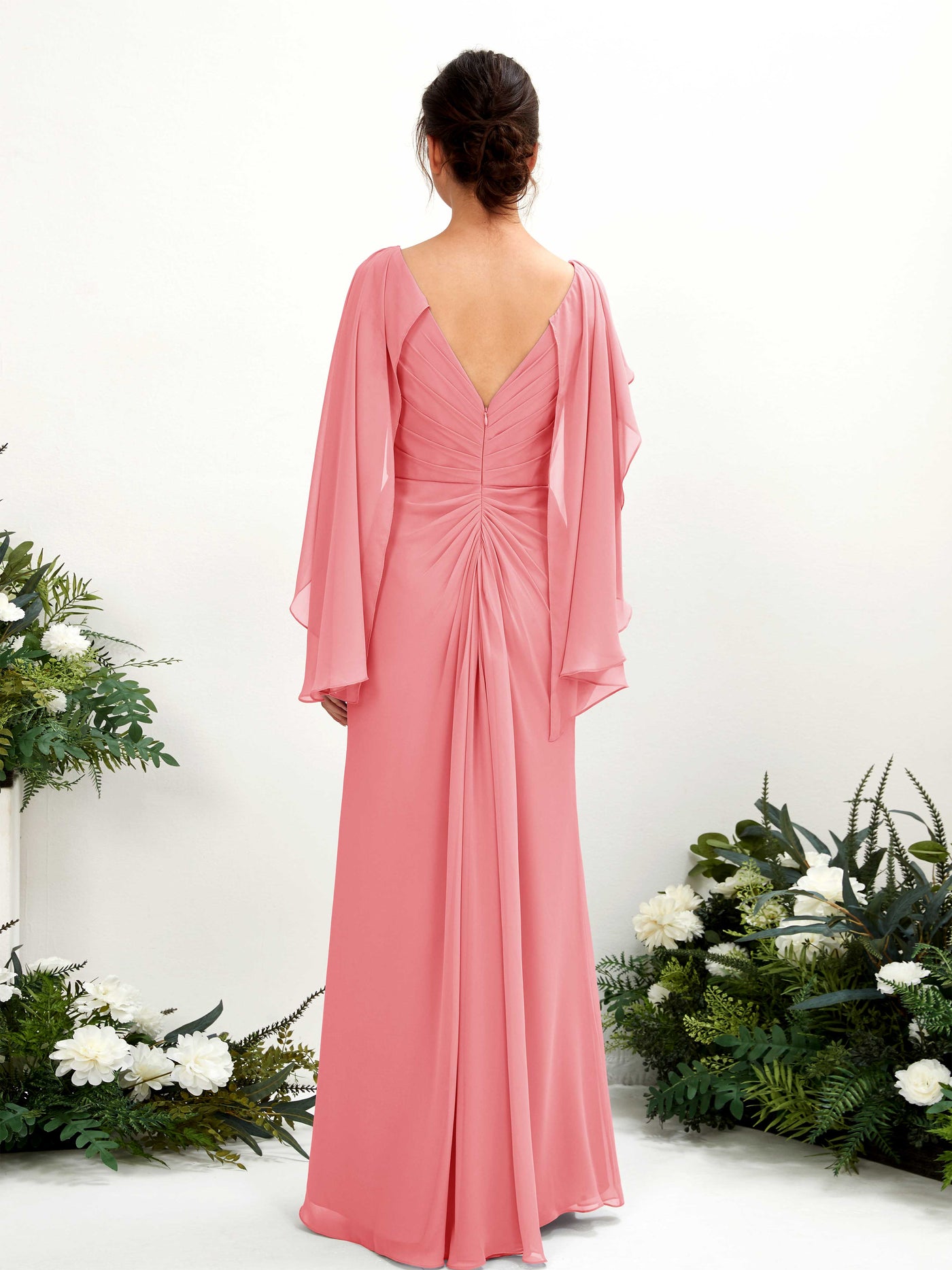 A-line V-neck Chiffon Bridesmaid Dress - Coral Pink (80220130)#color_coral-pink