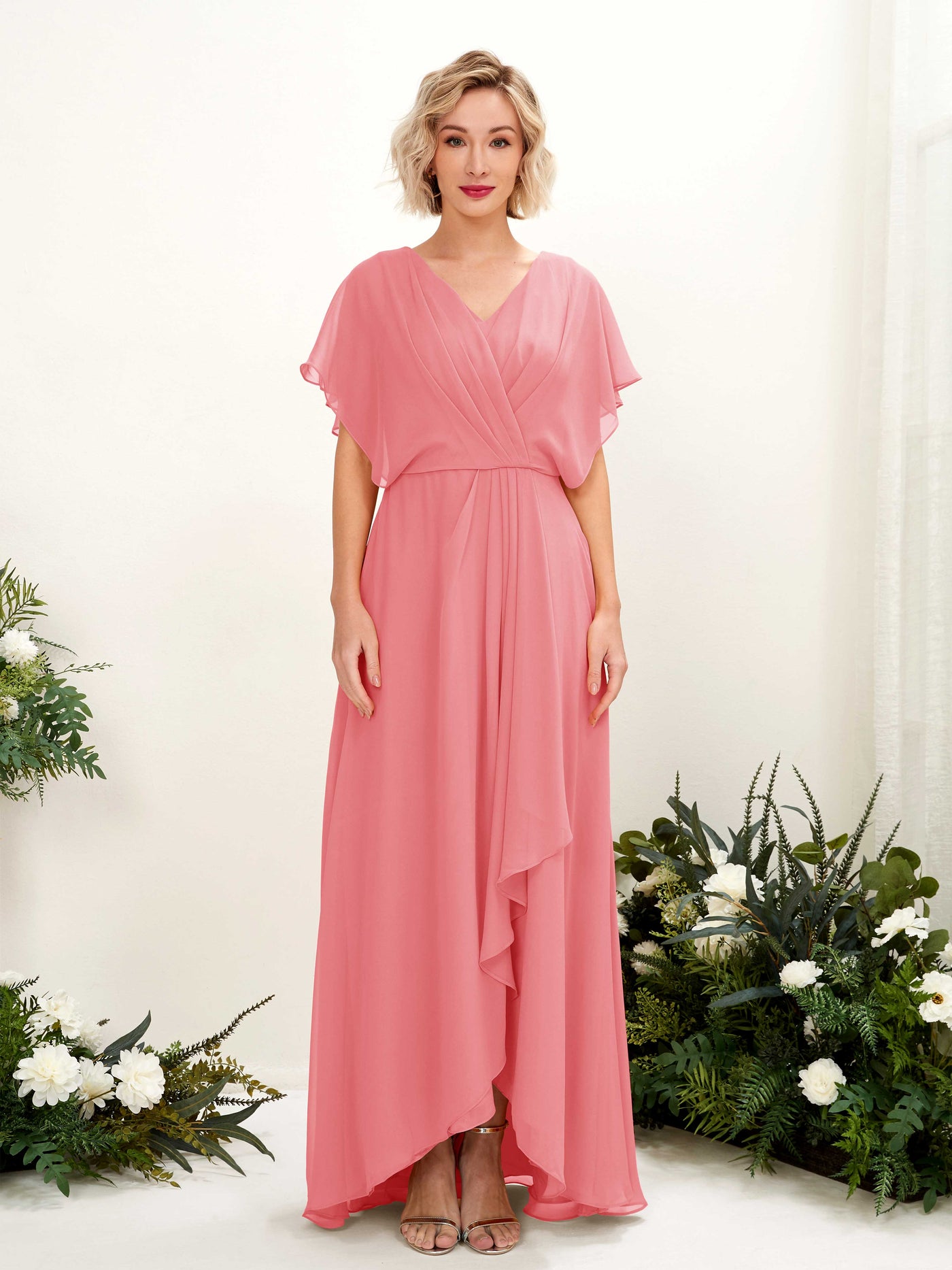 A-line V-neck Short Sleeves Chiffon Bridesmaid Dress - Coral Pink (81222130)#color_coral-pink