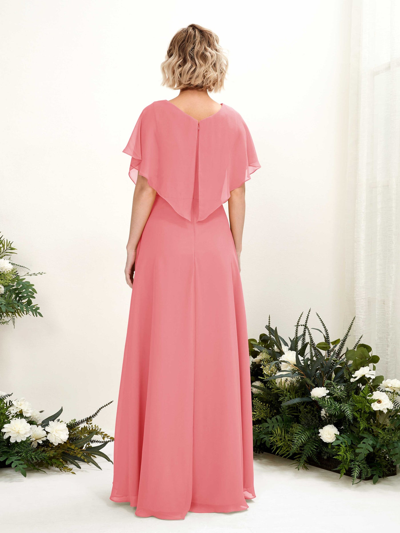 A-line V-neck Short Sleeves Chiffon Bridesmaid Dress - Coral Pink (81222130)#color_coral-pink