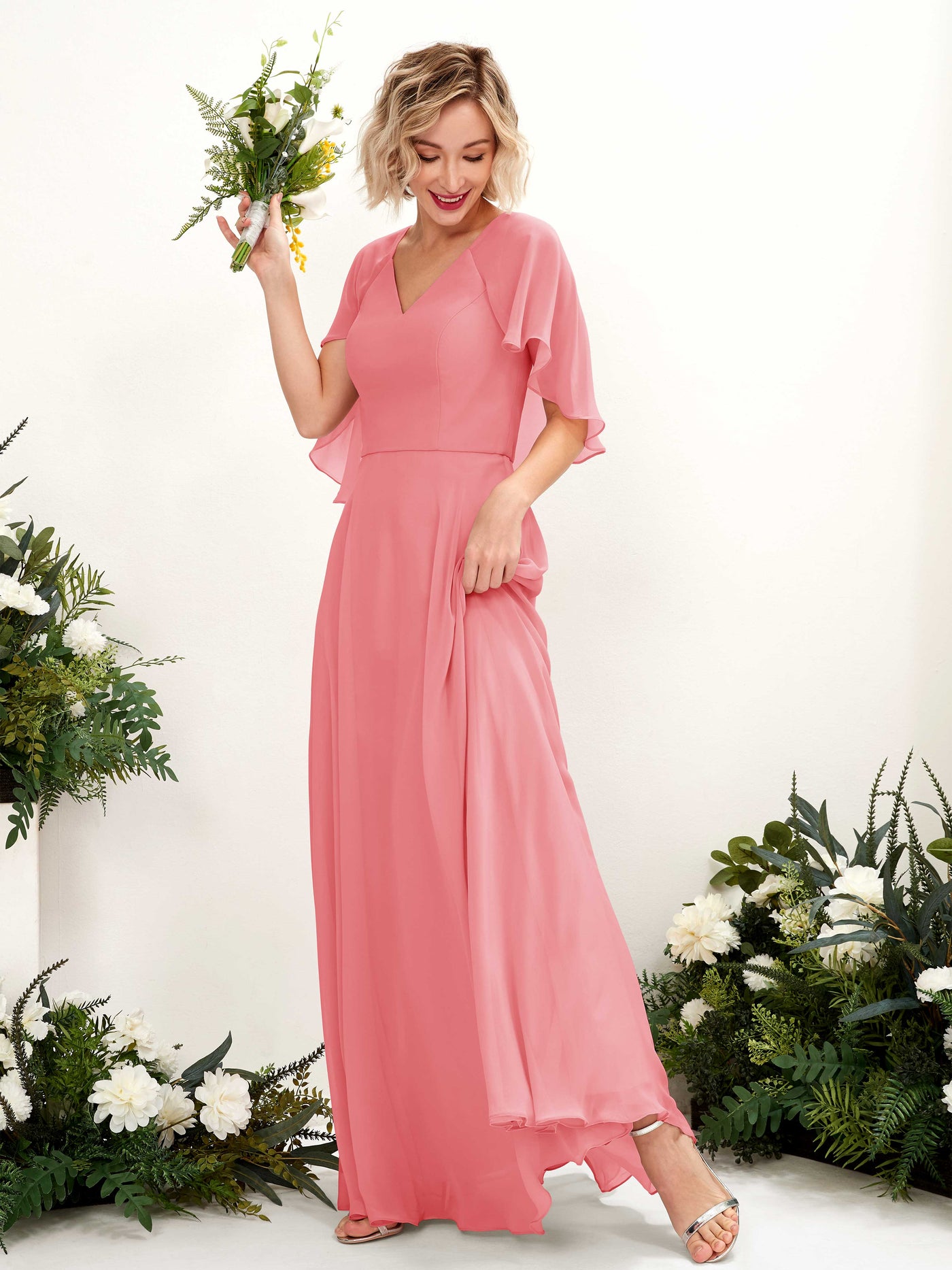 A-line V-neck Short Sleeves Chiffon Bridesmaid Dress - Coral Pink (81224430)#color_coral-pink