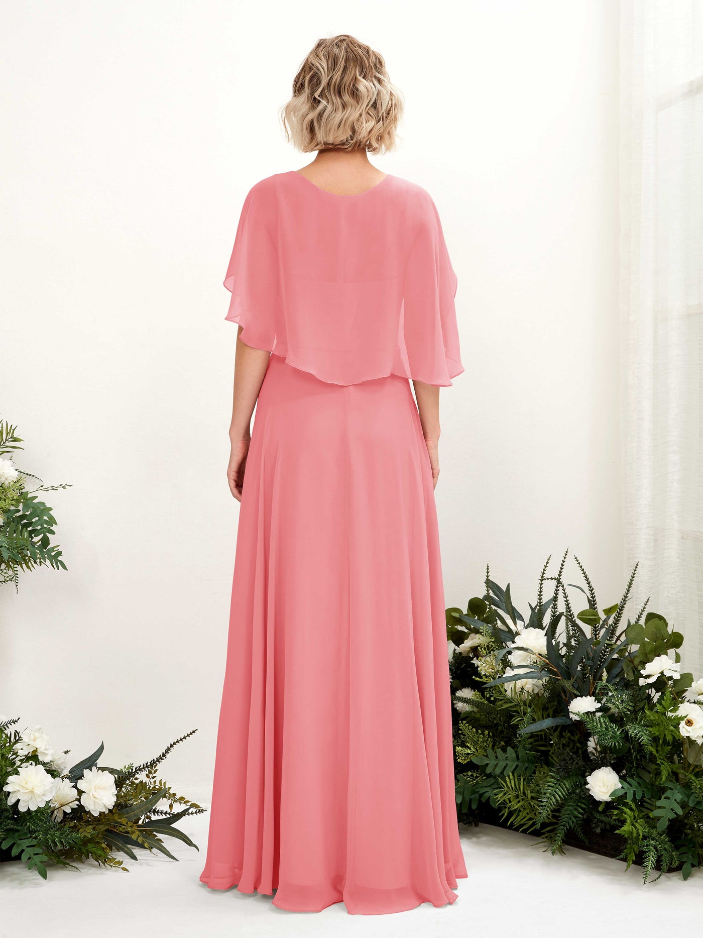A-line V-neck Short Sleeves Chiffon Bridesmaid Dress - Coral Pink (81224430)#color_coral-pink