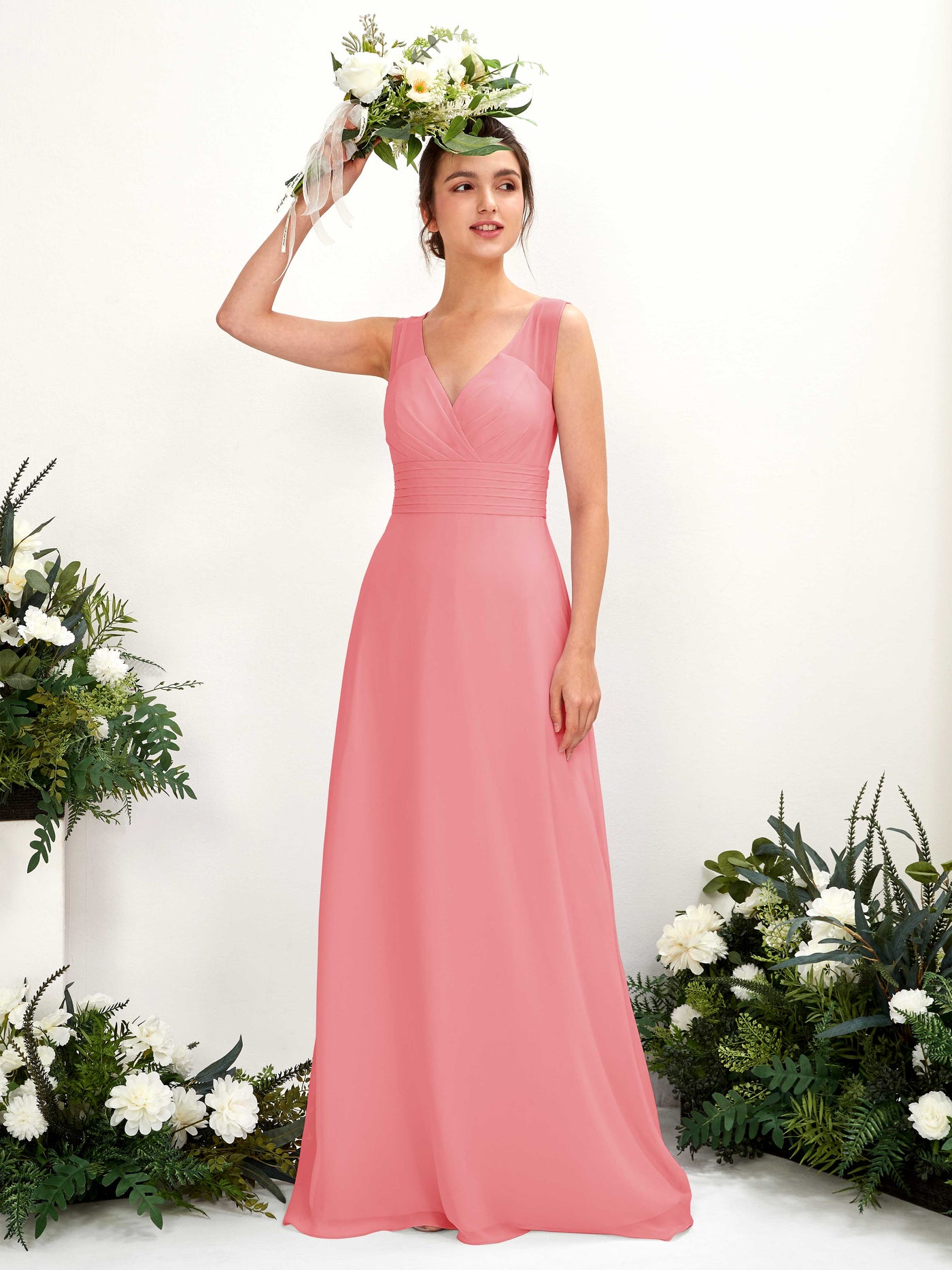 A-line V-neck Sleeveless Chiffon Bridesmaid Dress - Coral Pink (81220930)#color_coral-pink