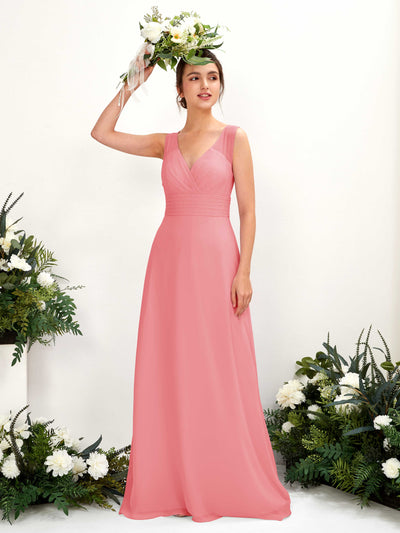 Carlyna Karen A-Line Coral Pink Bridesmaid Dress Maxi Sleeveless V-Neck Dress #color_coral-pink