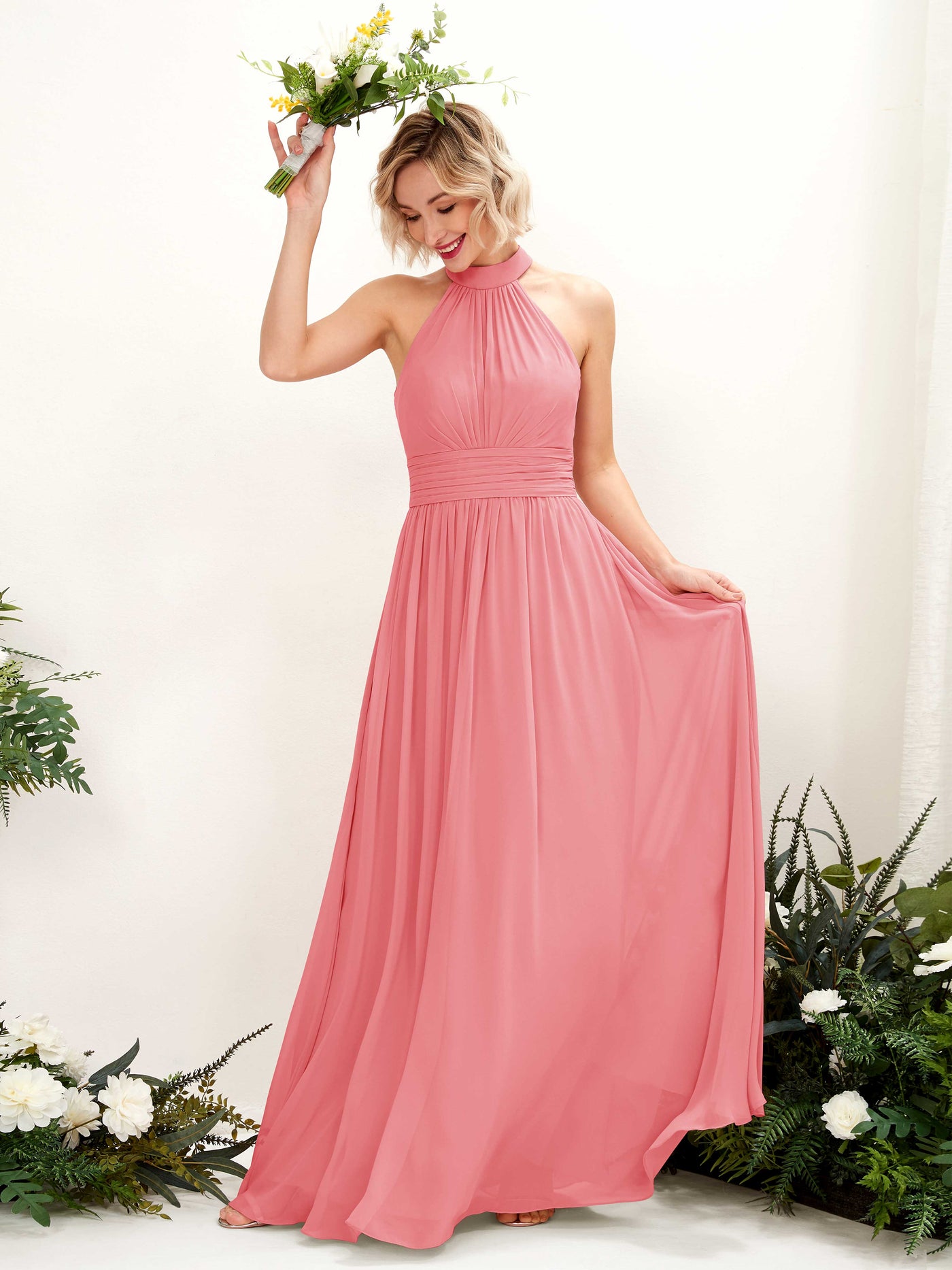 Ball Gown Halter Sleeveless Chiffon Bridesmaid Dress - Coral Pink (81225330)#color_coral-pink