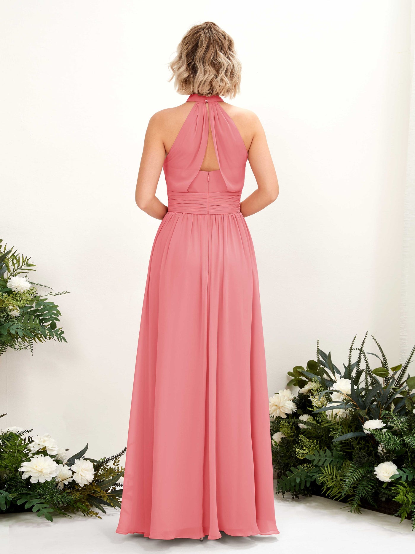 Ball Gown Halter Sleeveless Chiffon Bridesmaid Dress - Coral Pink (81225330)#color_coral-pink