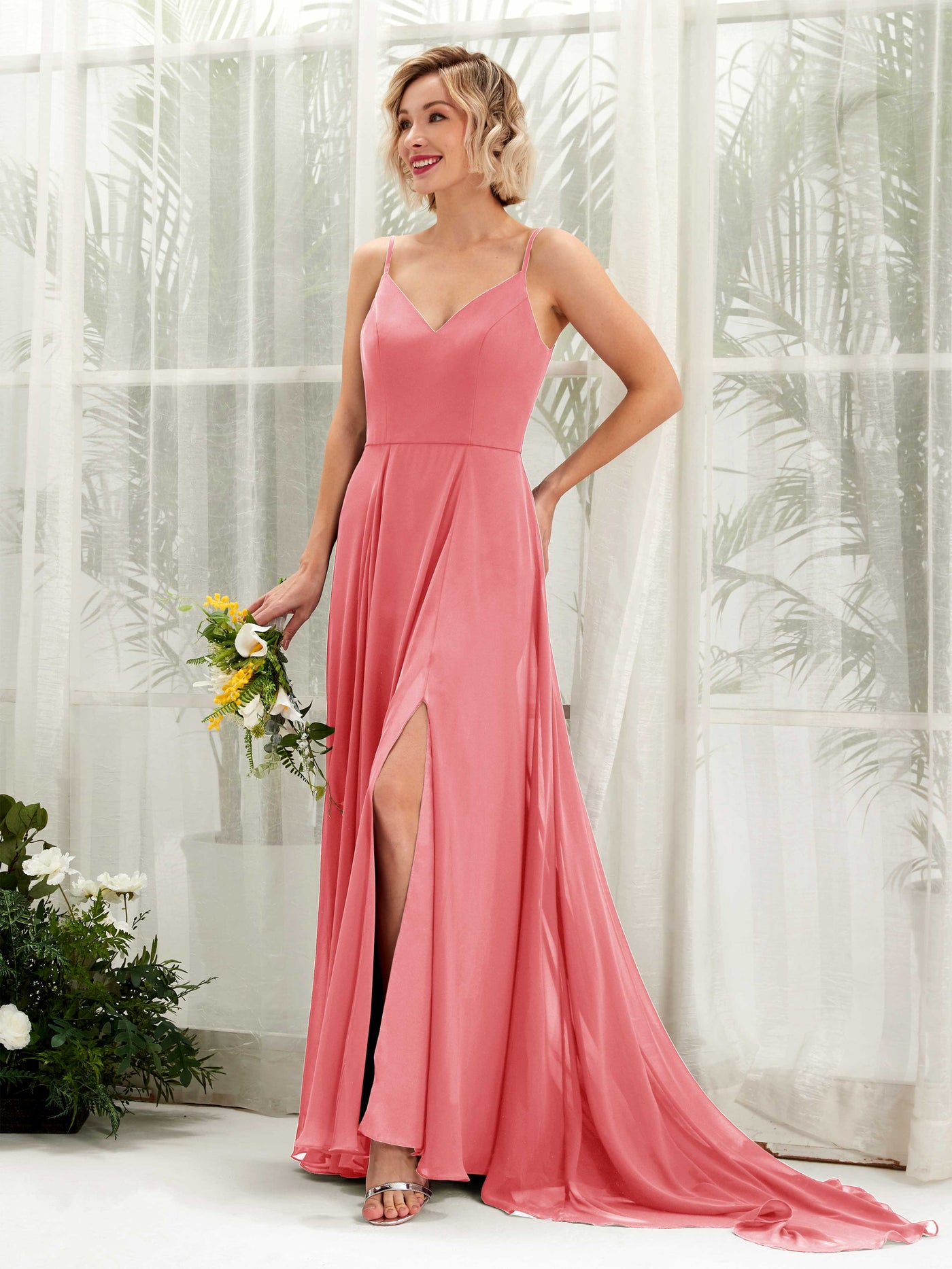 Ball Gown V-neck Sleeveless Bridesmaid Dress - Coral Pink (81224130)#color_coral-pink