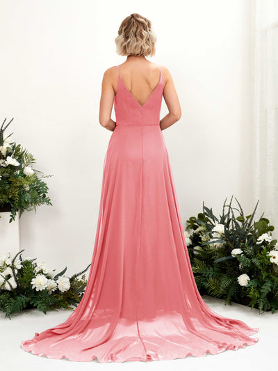 Carlyna Mana A-Line Coral Pink Bridesmaid Dress Maxi Sleeveless V-Neck Dress #color_coral-pink