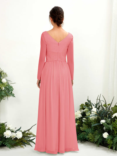 Carlyna Coline A-Line Coral Pink Bridesmaid Dress Maxi Long Sleeve V-Neck Back View #color_coral-pink