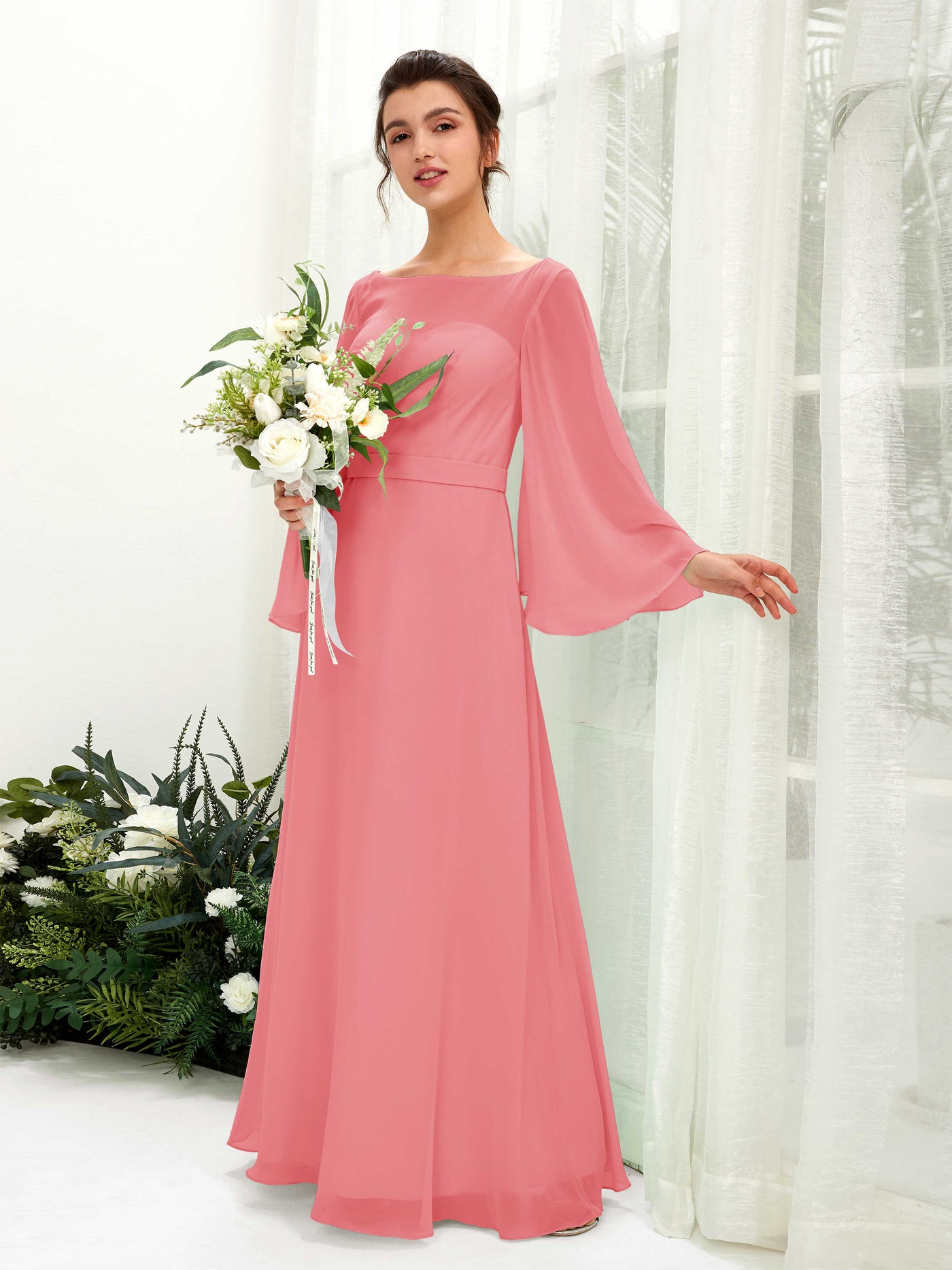 Bateau Illusion Long Sleeves Chiffon Bridesmaid Dress - Coral Pink (81220530)#color_coral-pink