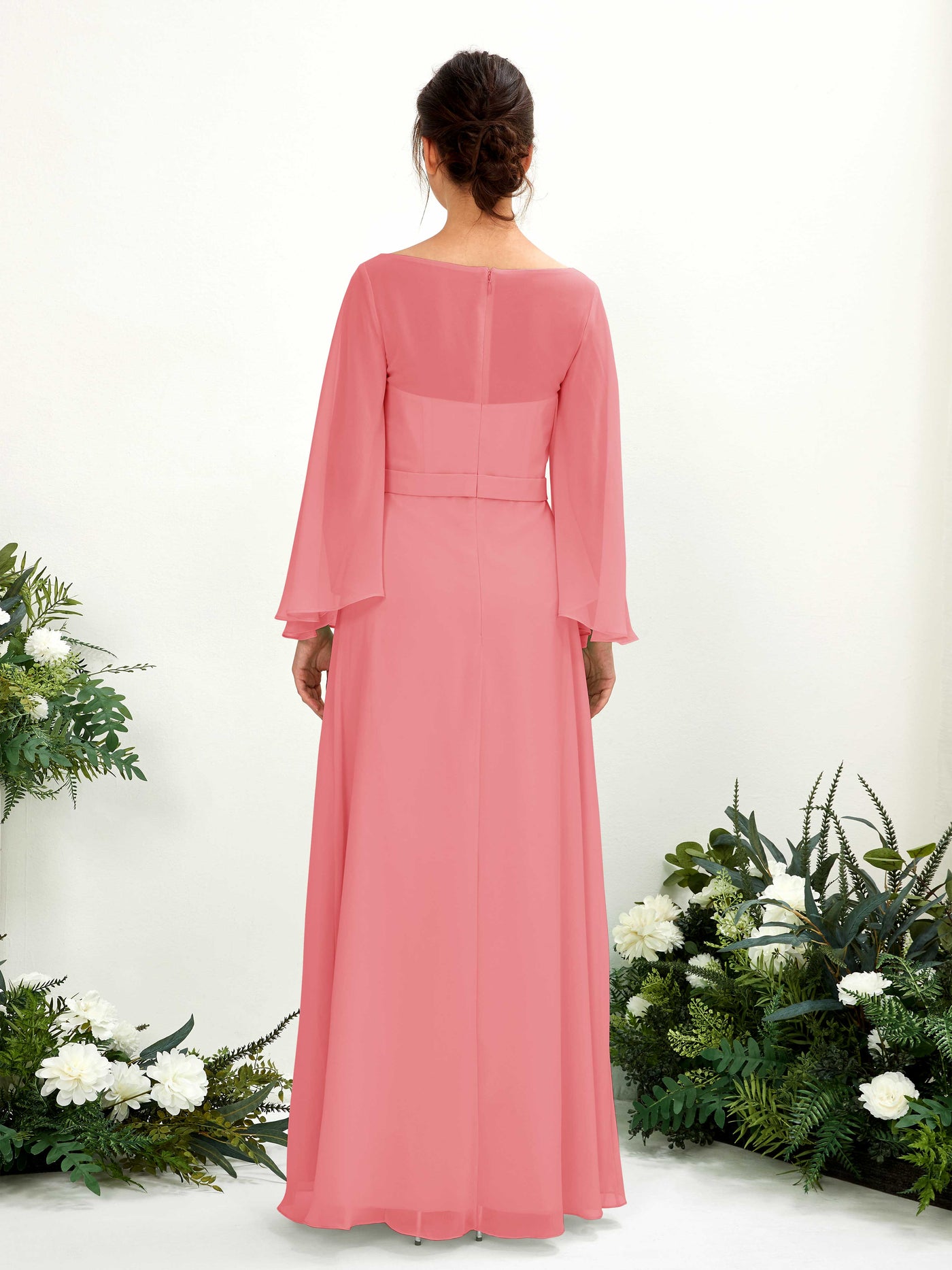Bateau Illusion Long Sleeves Chiffon Bridesmaid Dress - Coral Pink (81220530)#color_coral-pink