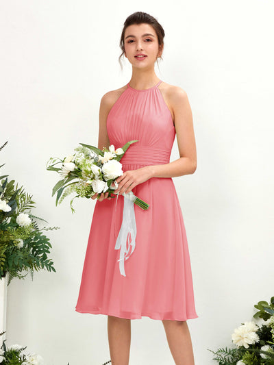 Carlyna Cathie A-Line Coral Pink Bridesmaid Dress Knee-Length Sleeveless Round Neck Dress Front View #color_coral-pink
