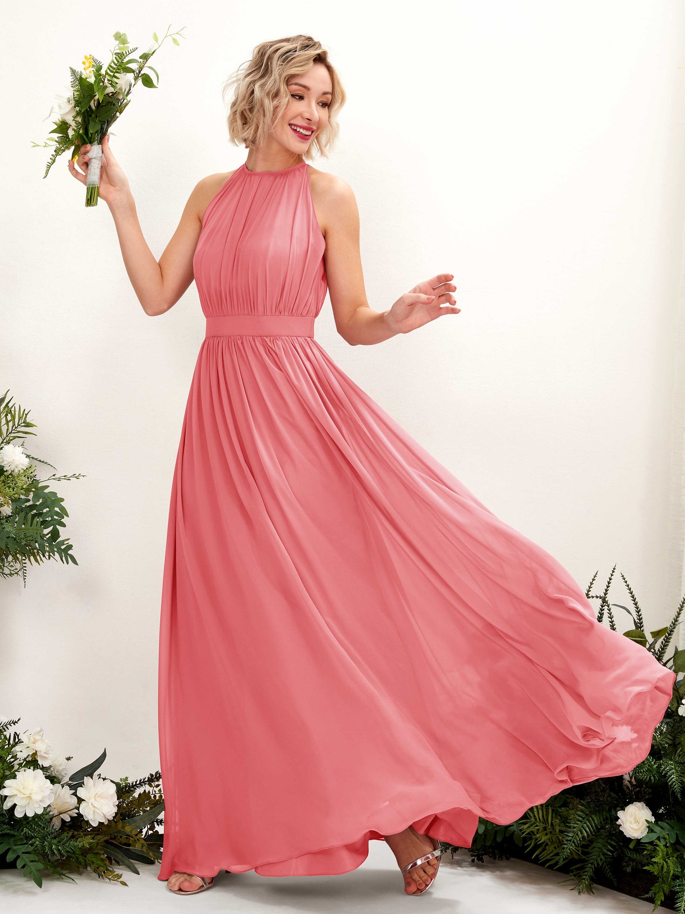 Halter Sleeveless Chiffon Bridesmaid Dress - Coral Pink (81223130)#color_coral-pink