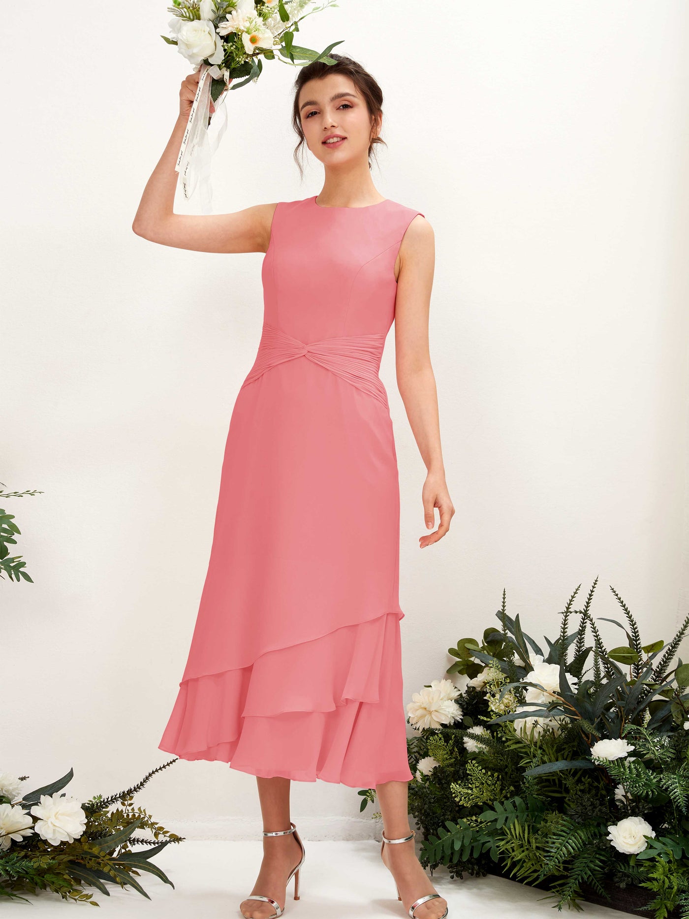 Mermaid/Trumpet Round Sleeveless Chiffon Bridesmaid Dress - Coral Pink (81221930)#color_coral-pink