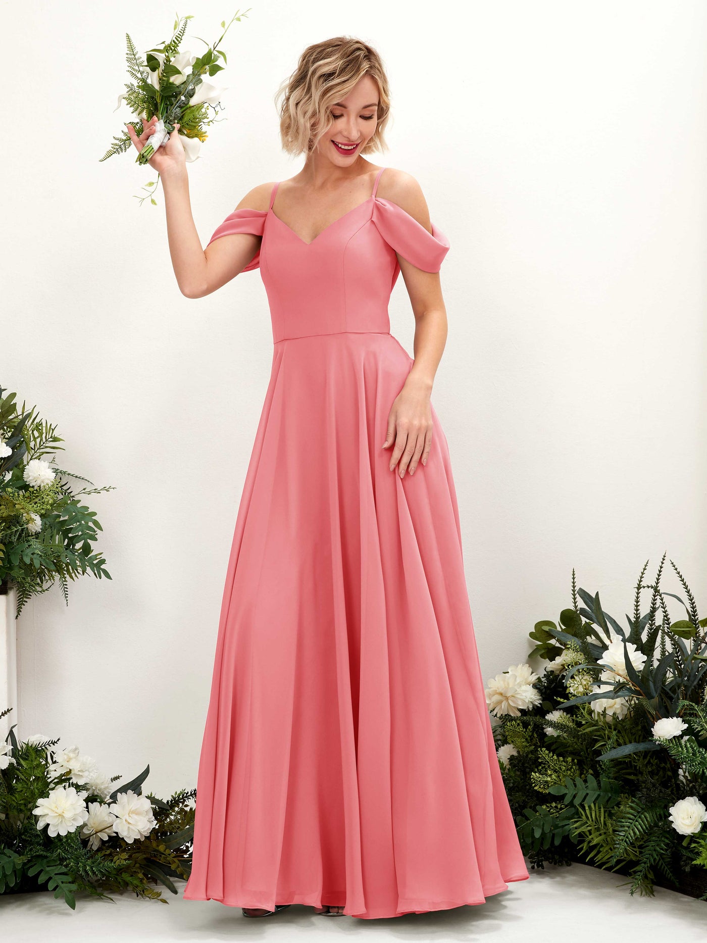 Off Shoulder Straps V-neck Sleeveless Chiffon Bridesmaid Dress - Coral Pink (81224930)#color_coral-pink