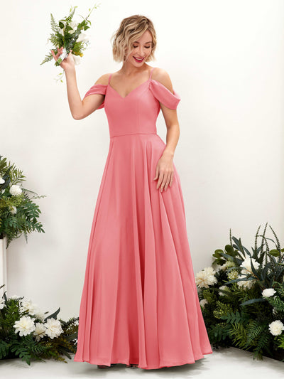 Carlyna Kauku A-Line Coral Pink Bridesmaid Dress Maxi Sleeveless V-Neck Dress #color_coral-pink