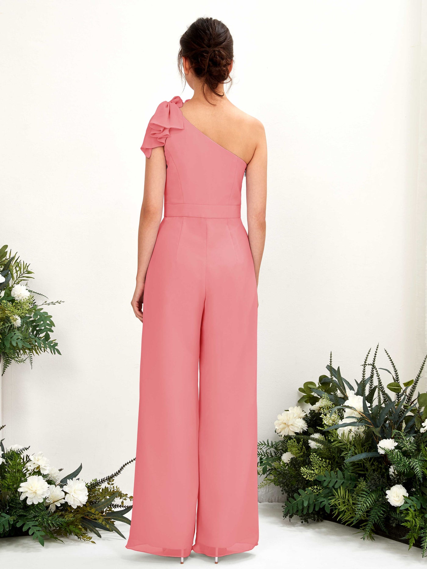 One Shoulder Sleeveless Chiffon Bridesmaid Wide-Leg Jumpsuit - Coral Pink (81220830)#color_coral-pink