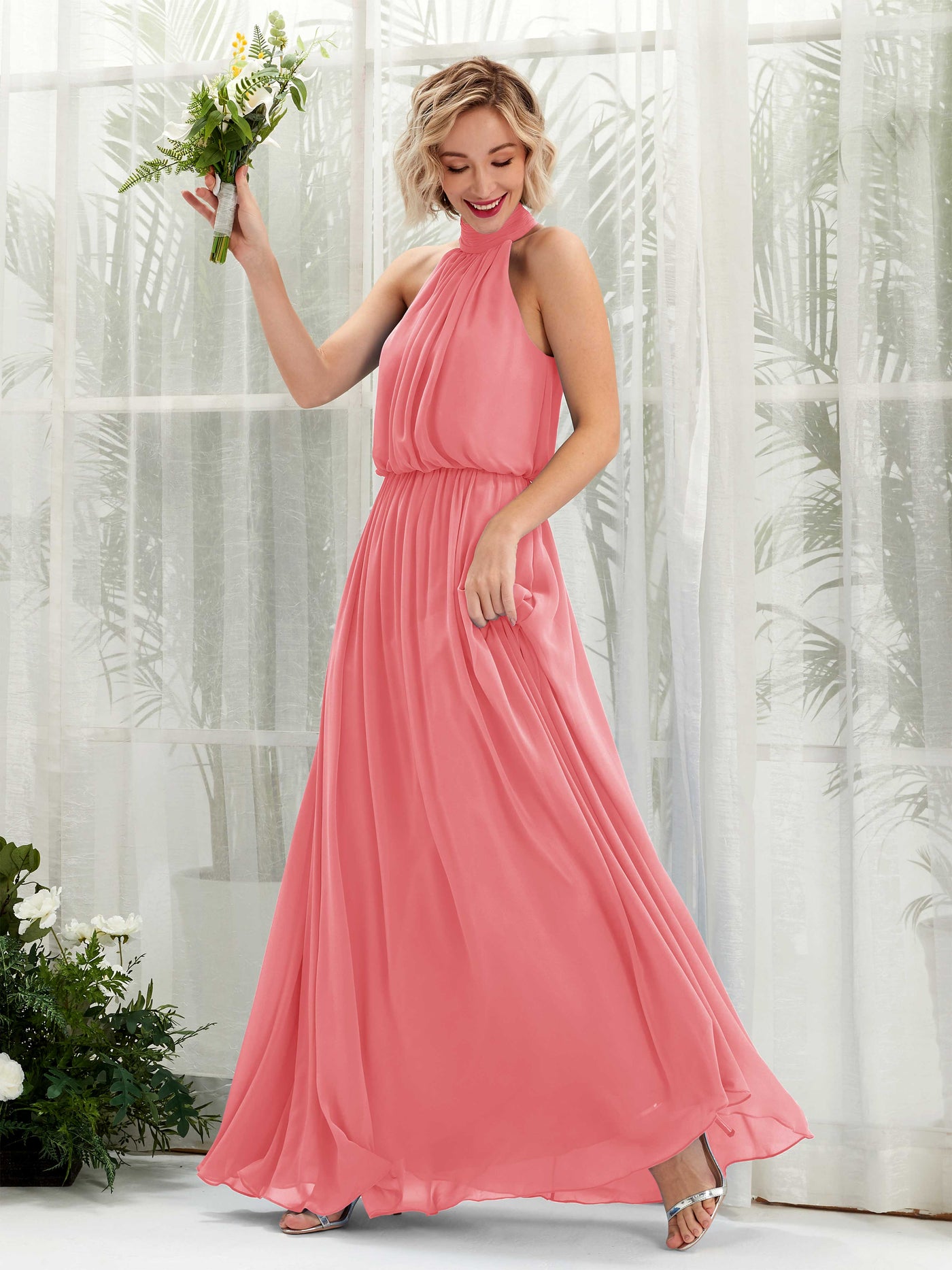 Halter Sleeveless Chiffon Bridesmaid Dress - Coral Pink (81222930)#color_coral-pink