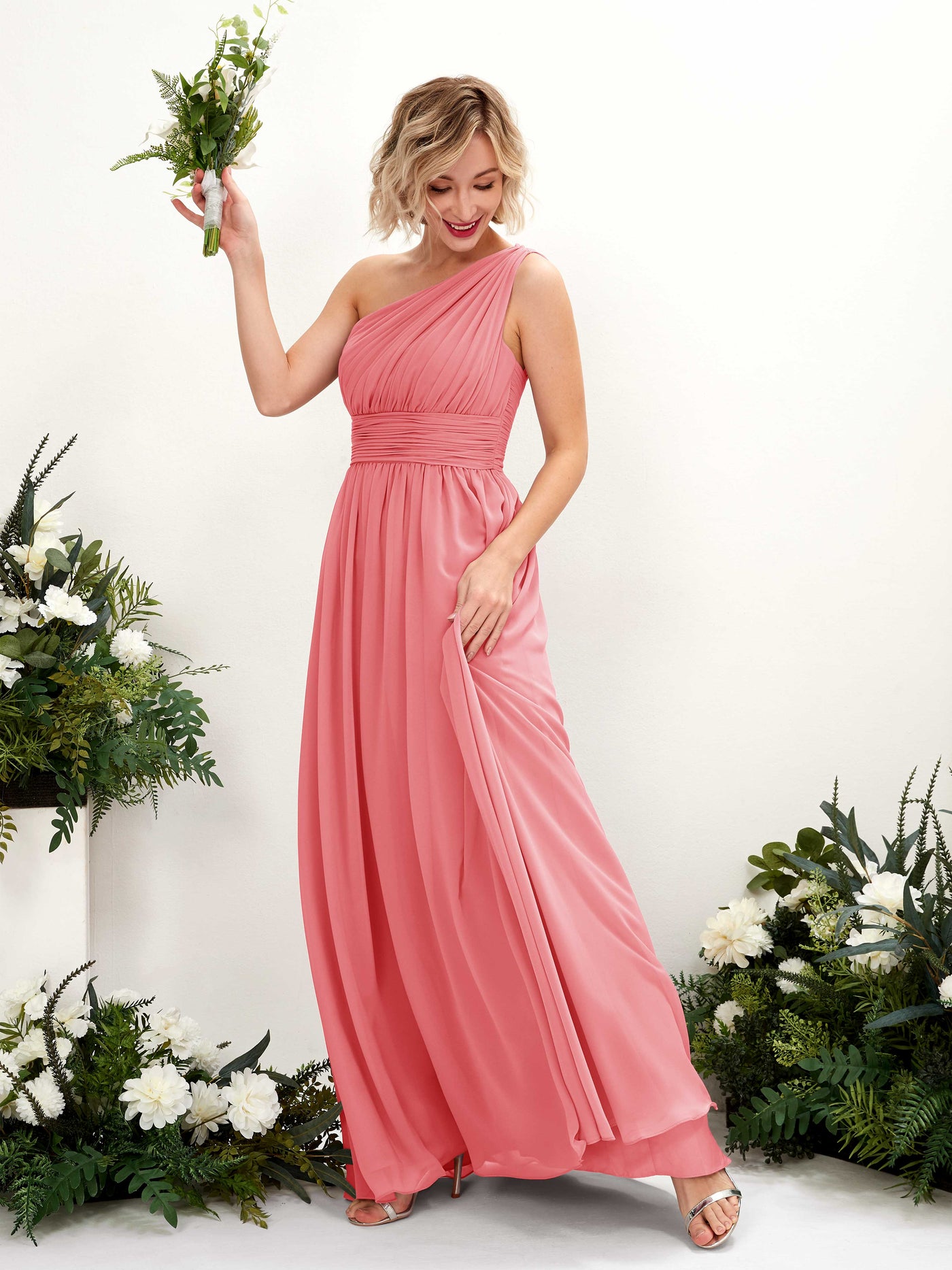 One Shoulder Sleeveless Chiffon Bridesmaid Dress - Coral Pink (81225030)#color_coral-pink