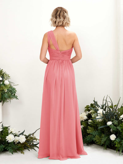 Carlyna Flaze A-Line Coral Pink Bridesmaid Dress Maxi Sleeveless One Shoulder Dress Back View #color_coral-pink