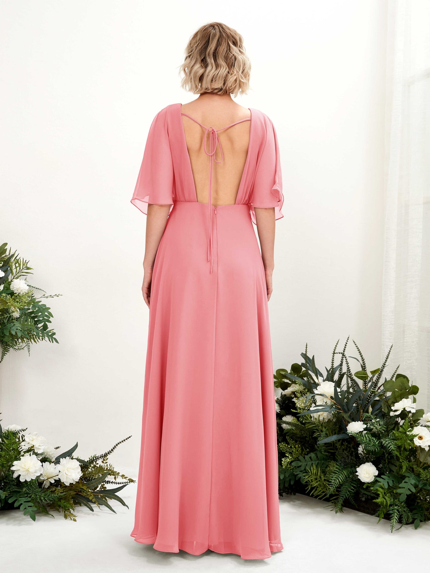 V-neck 1/2 Sleeves Chiffon Bridesmaid Dress - Coral Pink (81225130)#color_coral-pink