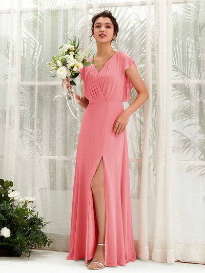 Carlyna Annie A-Line Coral Pink Bridesmaid Dress Maxi Cap Sleeve V-Neck Dress Front View #color_coral-pink