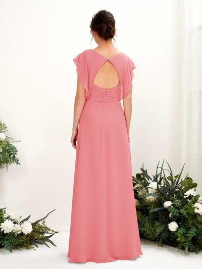 Carlyna Annie A-Line Coral Pink Bridesmaid Dress Maxi Cap Sleeve V-Neck Dress Back View #color_coral-pink