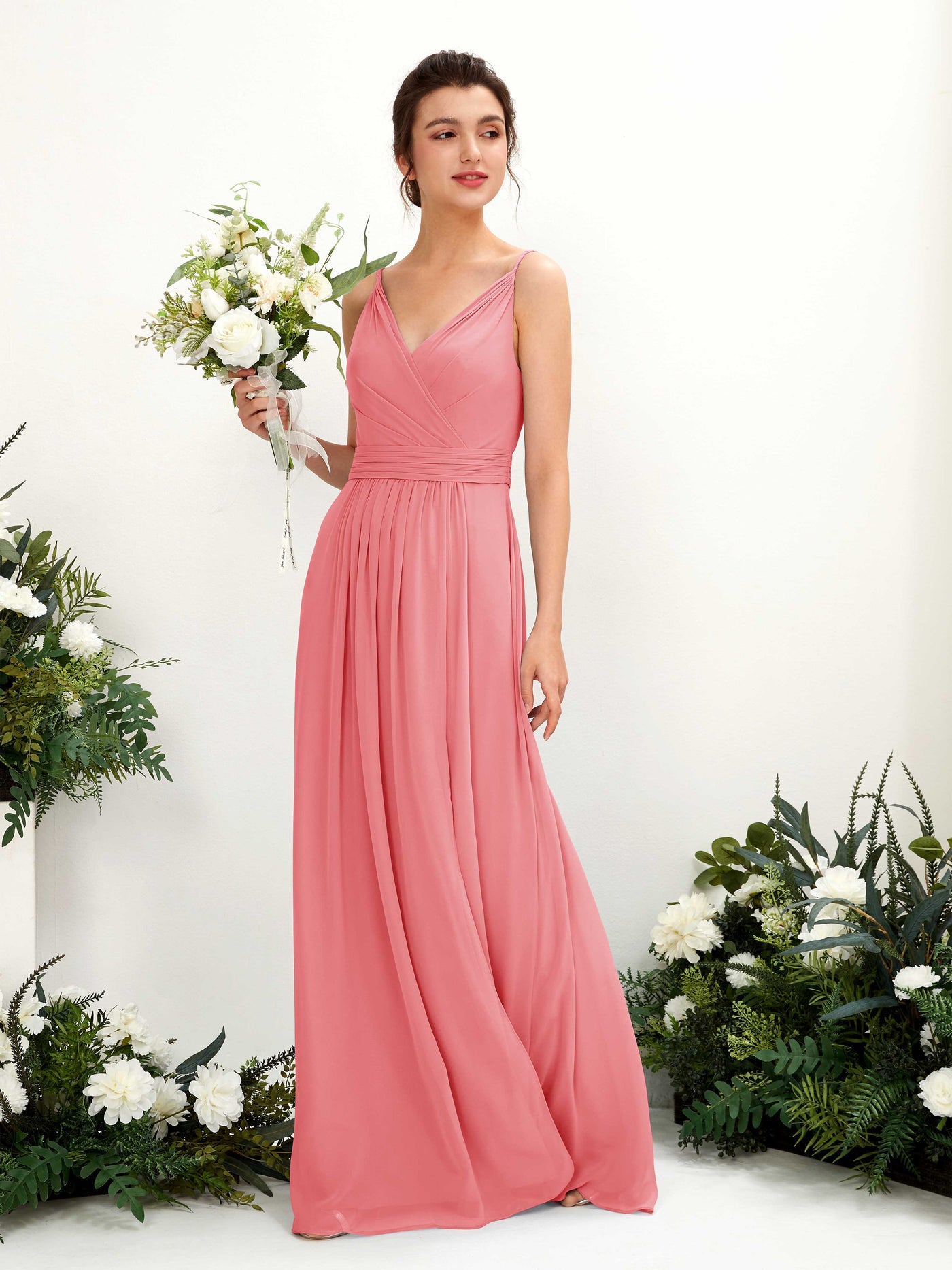 Spaghetti-straps V-neck Sleeveless Bridesmaid Dress - Coral Pink (81223930)#color_coral-pink