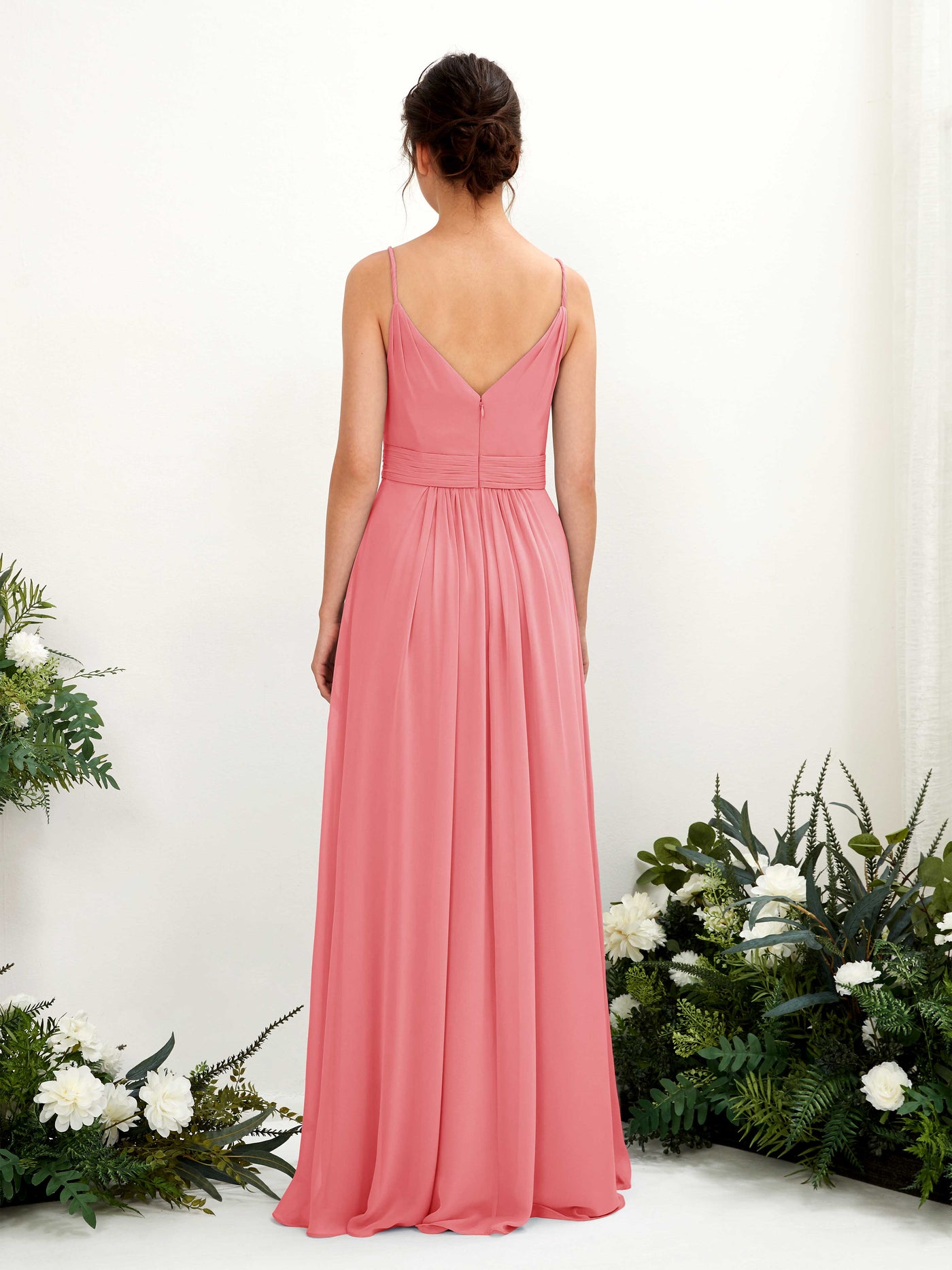 Spaghetti-straps V-neck Sleeveless Bridesmaid Dress - Coral Pink (81223930)#color_coral-pink