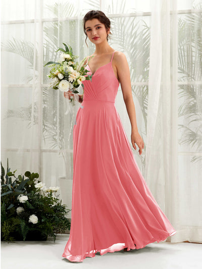 Carlyna Naura A-Line Coral Pink Bridesmaid Dress Maxi Sleeveless V-Neck Dress #color_coral-pink