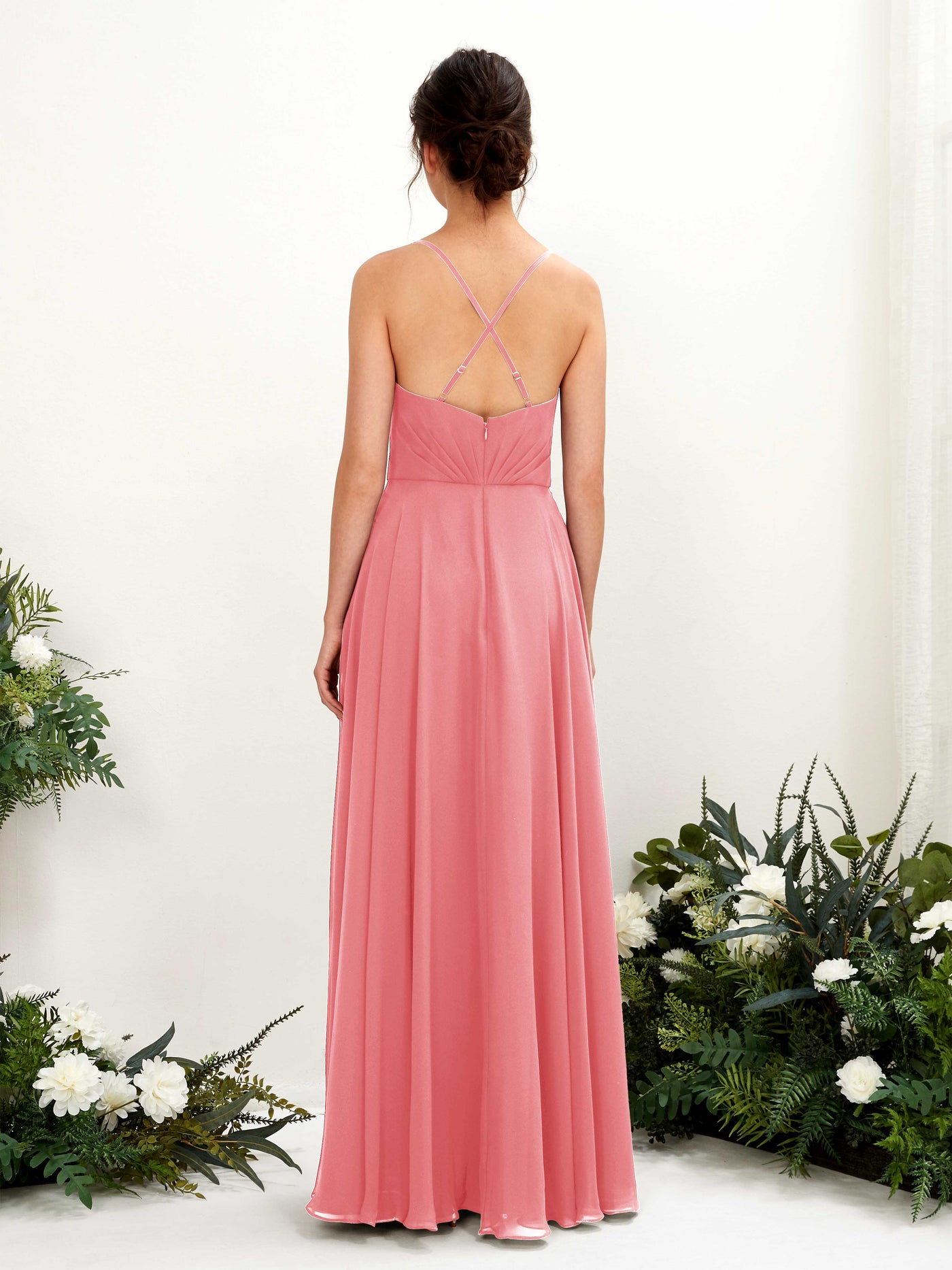 Spaghetti-straps V-neck Sleeveless Bridesmaid Dress - Coral Pink (81224230)#color_coral-pink