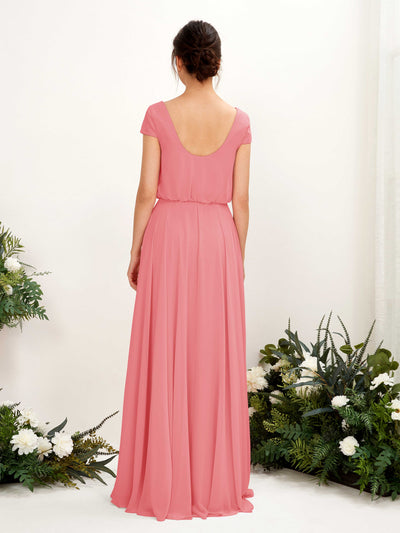 Carlyna Pauline A-Line Coral Pink Bridesmaid Dress Maxi Cap Sleeve V-Neck Dress #color_coral-pink