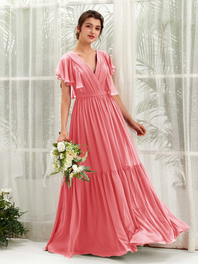 Carlyna Chaya A-Line Coral Pink Bridesmaid Dress Maxi Cap Sleeve V-Neck Dress Front View #color_coral-pink