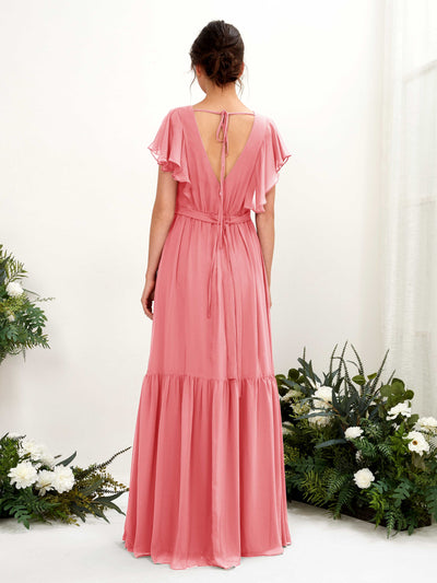 Carlyna Chaya A-Line Coral Pink Bridesmaid Dress Maxi Cap Sleeve V-Neck Dress Back View #color_coral-pink