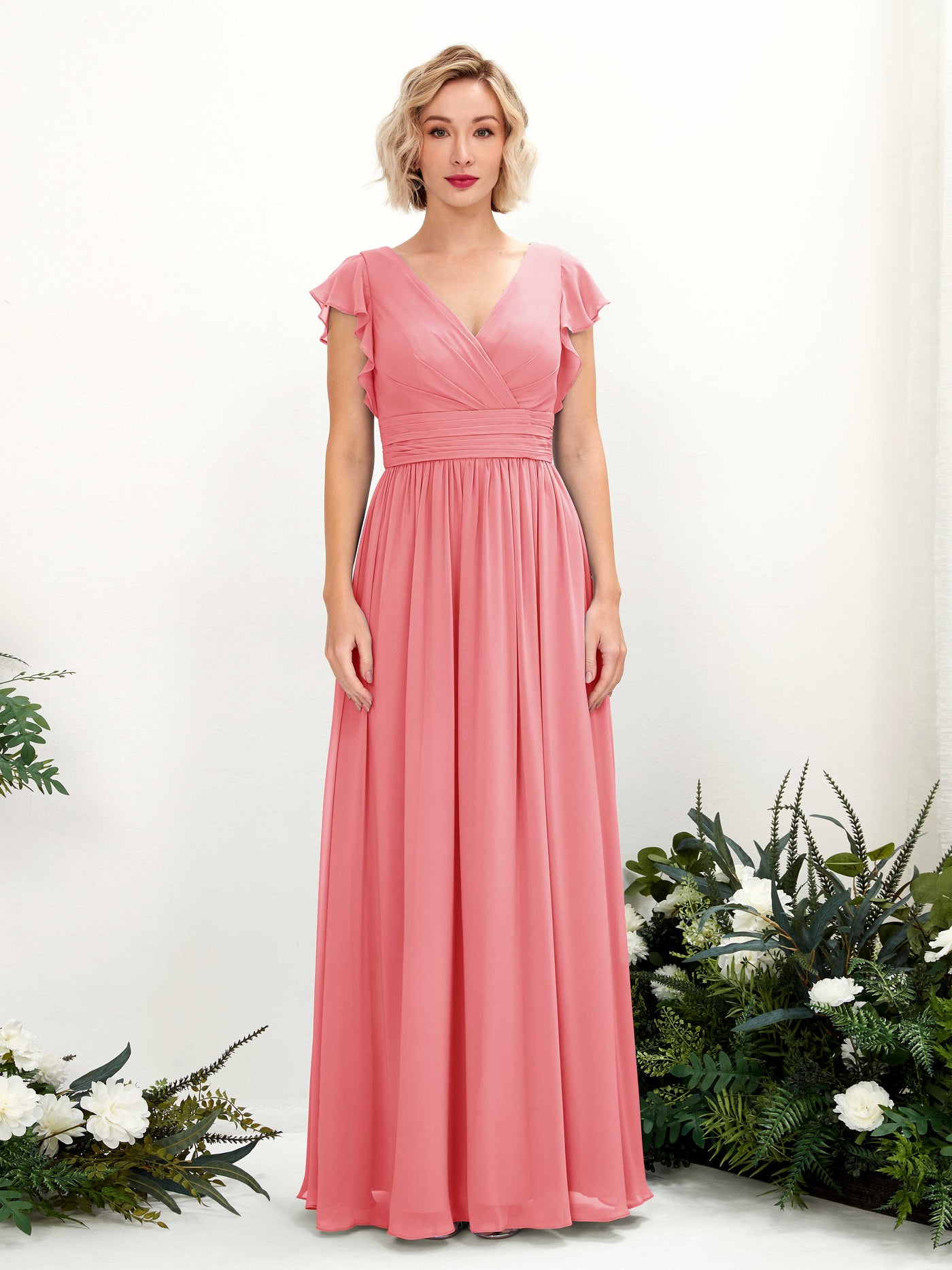 V-neck Short Sleeves Chiffon Bridesmaid Dress - Coral Pink (81222730)#color_coral-pink