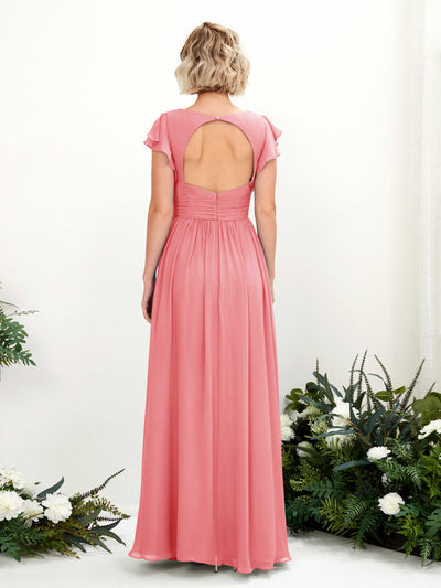 Carlyna Grino A-Line Coral Pink Bridesmaid Dress Maxi Cap Sleeve V-Neck Dress Back View #color_coral-pink
