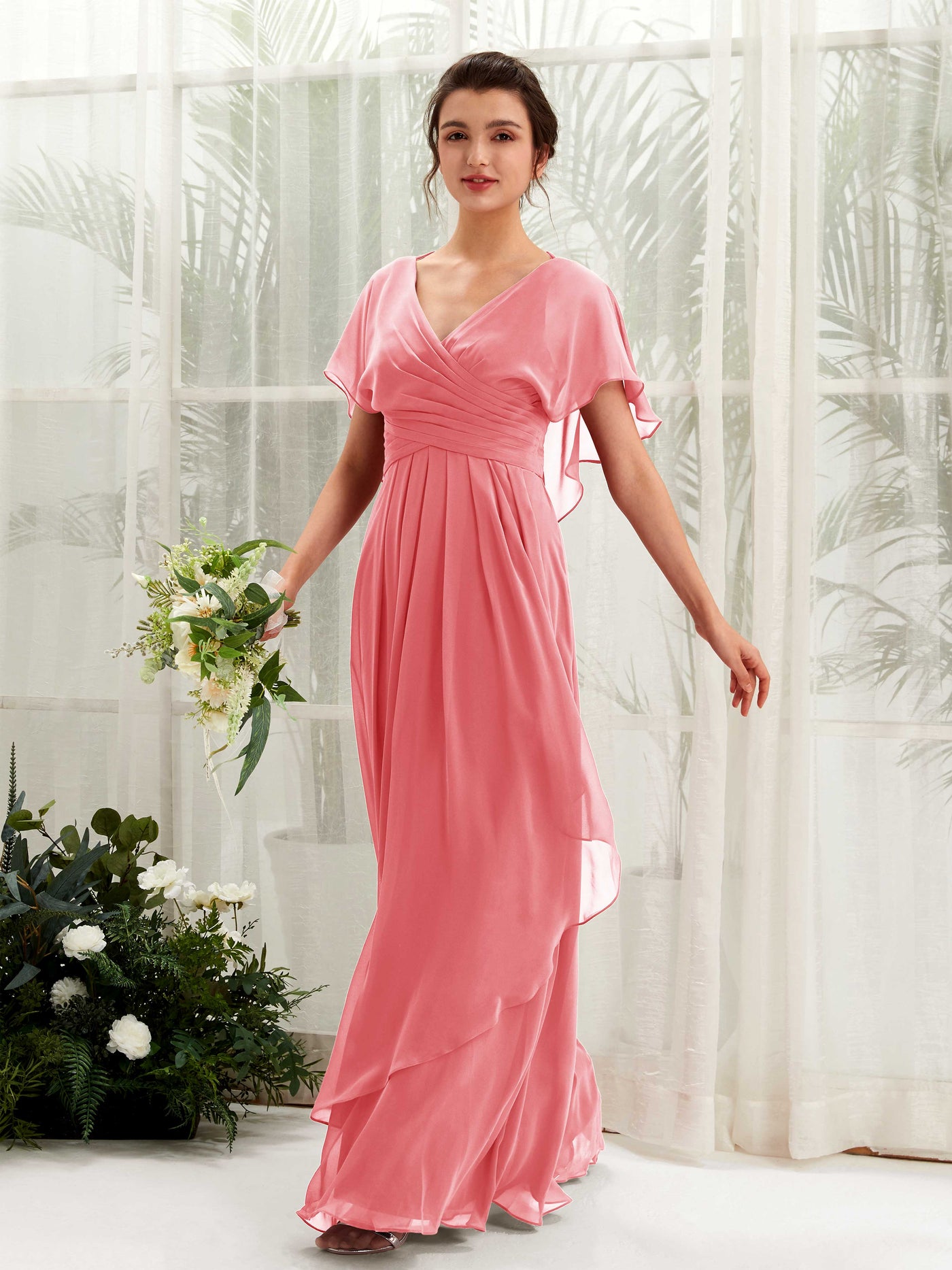 V-neck Short Sleeves Chiffon Bridesmaid Dress - Coral Pink (81226130)#color_coral-pink