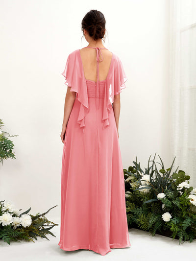 Carlyna Darlene A-Line Coral Pink Bridesmaid Dress Maxi Short Sleeve V-Neck Dress Back View #color_coral-pink