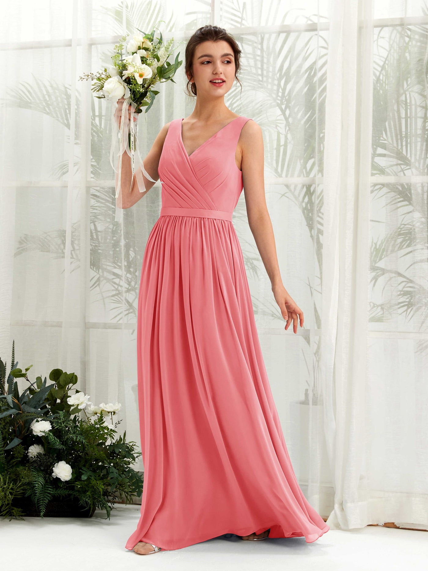 V-neck Sleeveless Chiffon Bridesmaid Dress - Coral Pink (81223630)#color_coral-pink