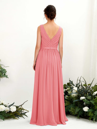 Carlyna Barbara A-Line Coral Pink Bridesmaid Dress Maxi Sleeveless V-Neck Dress Back View #color_coral-pink
