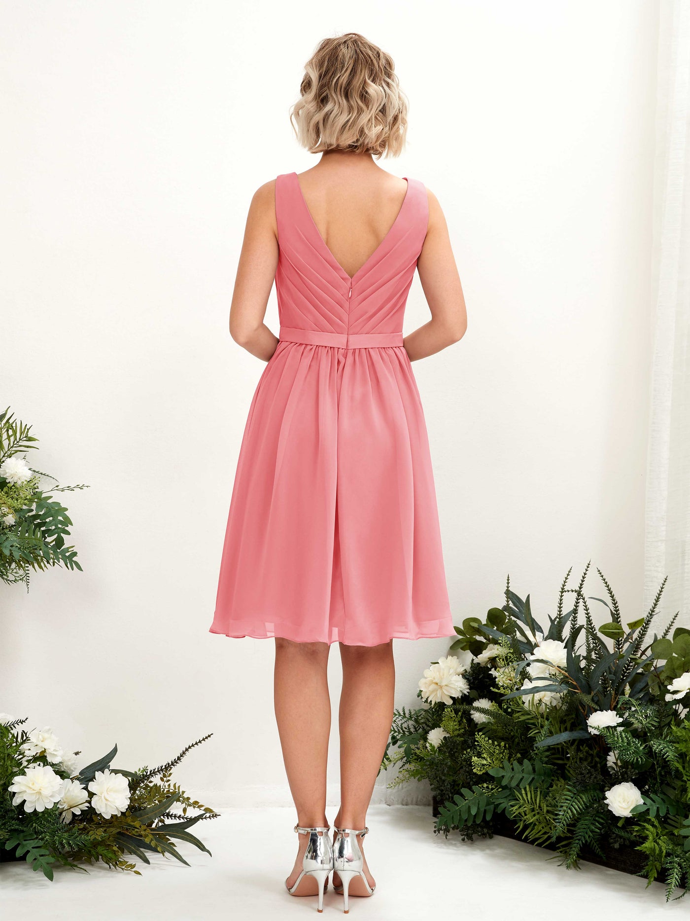 V-neck Sleeveless Chiffon Bridesmaid Dress - Coral Pink (81224830)#color_coral-pink