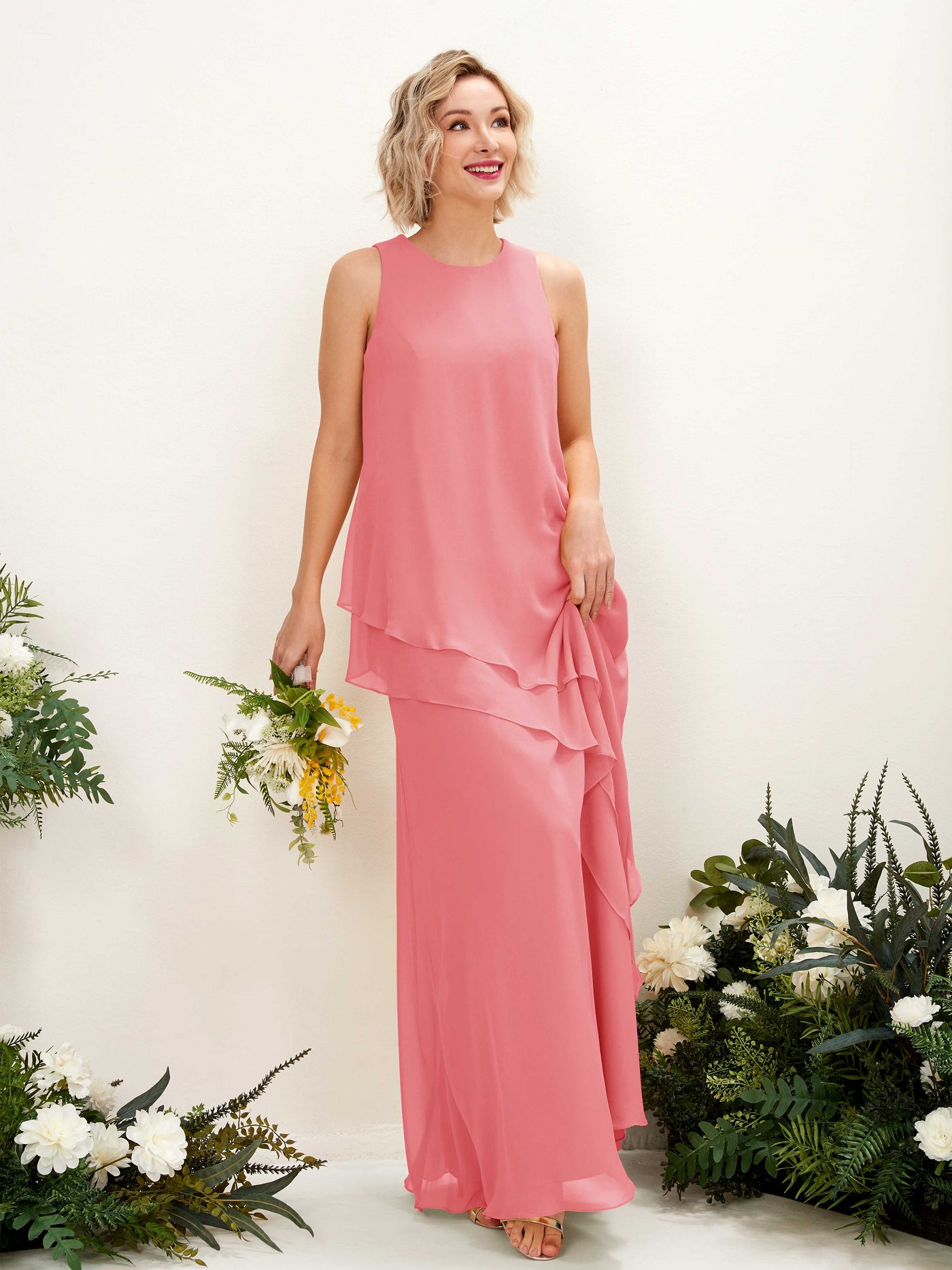 Round Sleeveless Chiffon Bridesmaid Dress - Coral Pink (81222330)#color_coral-pink
