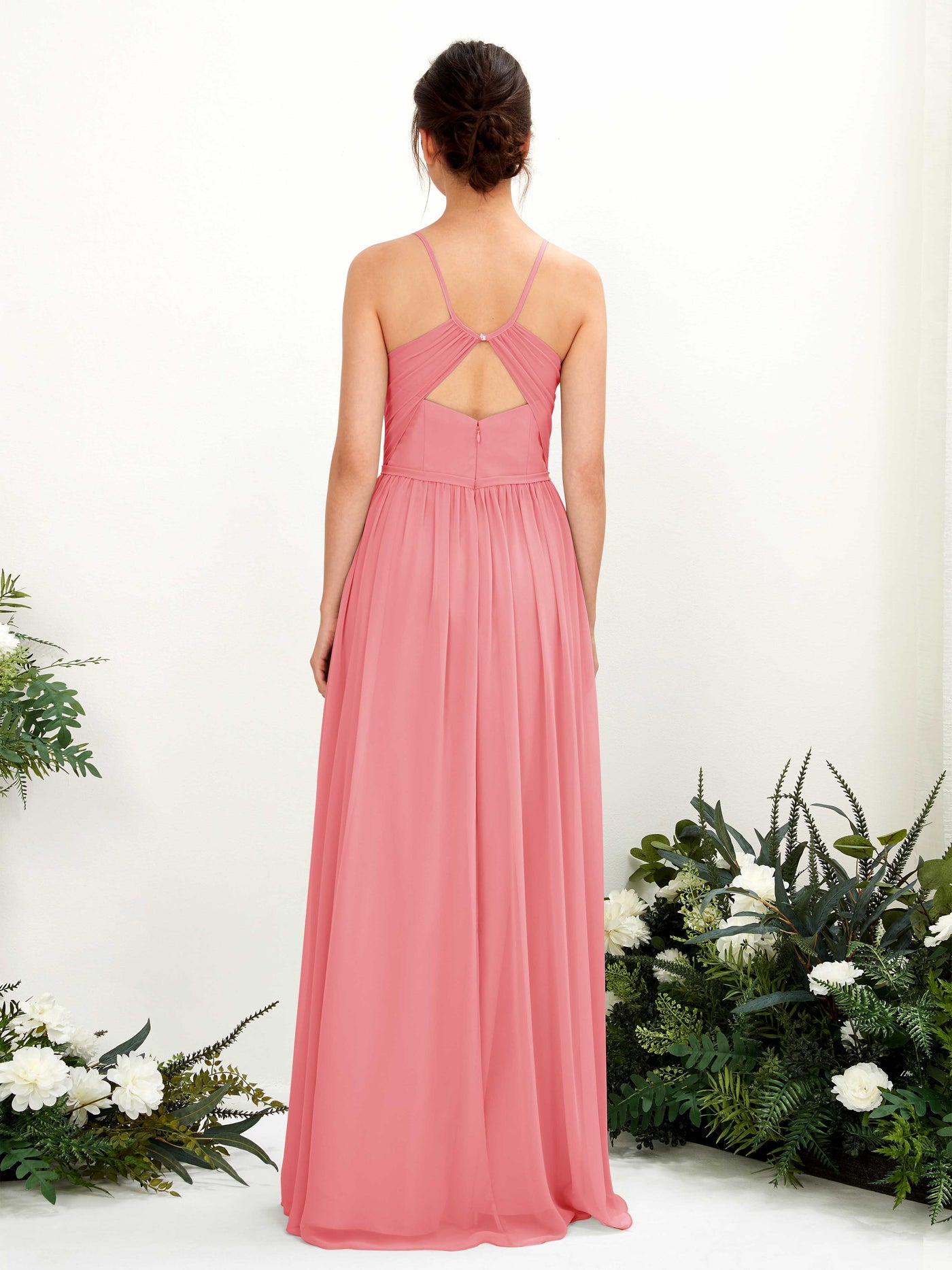 Spaghetti-straps V-neck Chiffon Bridesmaid Dress - Coral Pink (81221430)#color_coral-pink